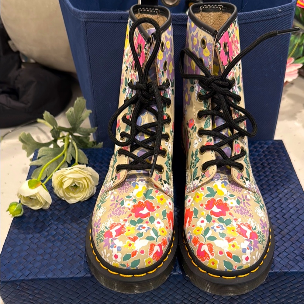 Dr. Martens 1460 Floral Mashup Parchment Beige Backhand Lace Up Combat Boot
